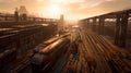 Old Railyard with rusty abandoned train carriages and cargo vagons, AI generative