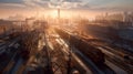 Old Railyard with rusty abandoned train carriages and cargo vagons, AI generative