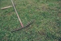 Old rake abandoned lying in green grass in summer. Royalty Free Stock Photo