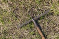 Old rake lying on grass Royalty Free Stock Photo