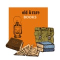 Old rare books and antiques vintage market sketch poster, vector illustration. Vintage books, antique, ancient bookmark