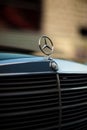 Old rare vintage green Mercedes-Benz hood, badge, radiator grille on blurred background. The symbol of rich life.