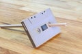 Old vintage realistic cassette tape on wood table Royalty Free Stock Photo
