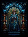 Old Realistic Stained Glass Window with the image of a hero, blue tones