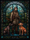 Old Realistic Stained Glass Window with the image of a hunter with dogs - brown and green tones