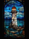 Old Realistic Stained Glass Window with the image of a lighthouse - white and blue tones