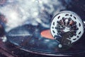 Old vinyl player gramophone needle on record closeup Royalty Free Stock Photo