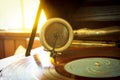 Old record player stylus on a rotating disc,music tools. Royalty Free Stock Photo