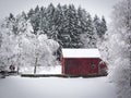 Old Red Barn on Snowy Hill Royalty Free Stock Photo