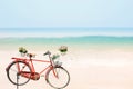 Old red Bicycle with basket flowers on blured beach tropical sea