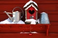 Old red birdhouse/ white