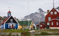 Old red and blue wooden Bethel church with whale bone arch in Sisimiut, Greenland