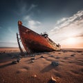 an old red boat sits on the sand in the middle of the desert Royalty Free Stock Photo