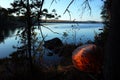 Old red boat upside down on lake shore Royalty Free Stock Photo