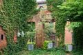 Old red brick building with climbing plants. Entrance brick gate covered with ivy Royalty Free Stock Photo