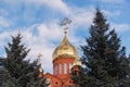 Old red brick Christian church with golden and gilded domes against a blue sky and tree branches. Concept faith in god, orthodoxy Royalty Free Stock Photo