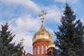 Old red brick Christian church with golden and gilded domes against a blue sky and tree branches. Concept faith in god, orthodoxy Royalty Free Stock Photo