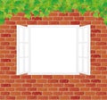Old red brick wall with a white window.