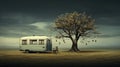 Surreal Retro Camper With Tree: Dreamlike Contrast Of Textures