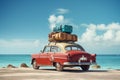 Old red car loaded with luggage on the roof arriving on beach by Generative AI Royalty Free Stock Photo