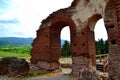 Old red church ruins view