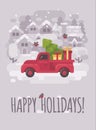 Old red farm truck with a Christmas tree and presents in a winter village. Christmas greeting card flat illustration. Happy Royalty Free Stock Photo