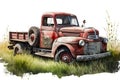 Old Red Farm Truck Standing In Field Of Grass, Isolated On White Background - Generative AI Royalty Free Stock Photo