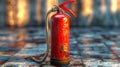 Old red fire extinguisher with visible wear and rust on a metallic surface backlit by sunlight. Concept of safety Royalty Free Stock Photo