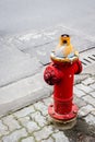Old red fire hydrant on urban sidewalk Royalty Free Stock Photo