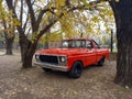 Old red 1979 Ford F 100 V8 pickup truck under the trees. Classic car show