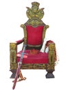 Old red golden king throne with sword and crown isolated over white Royalty Free Stock Photo