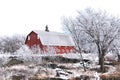 Red barn surrounded by tree covered hoar frost Royalty Free Stock Photo