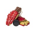 Old red hockey gloves for goalkeeper. Isolated over white background Royalty Free Stock Photo