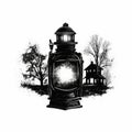Vintage Camera Lantern: A Black-and-white Graphic Illustration Of A Christmas Farmhouse