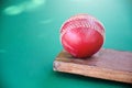 An old red leather cricket ball on bat Royalty Free Stock Photo