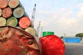Oil red barrells background in hong kong pier