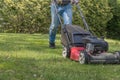 Old red push lawn mower cutting grass in blue jeans sunny shady spring day Royalty Free Stock Photo