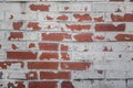Old red shabby damaged brick wall with gray cement, stains of white, black paint and cracks. rough surface texture Royalty Free Stock Photo