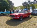 Old red sport 1960s Ford Mustang in a park. Nature, grass, trees. Sunny day. Classic muscle car Royalty Free Stock Photo