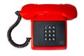 Old red telephone. Close-up of a vintage red phone with black cable and retro push buttoms. Clipping path. Contact exchange and