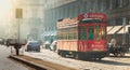 old red tram from the company Azienda Trasporti Milanesi circulating in Milan