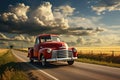 An old red truck drives leisurely down a peaceful country road, capturing the essence of rural charm, A pick-up truck on an open