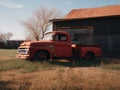 An old red truck parked in front of a barn. Generative AI image. Royalty Free Stock Photo