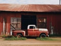 An old red truck parked in front of a barn. Generative AI image. Royalty Free Stock Photo