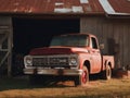 An old red truck parked in front of a barn. Generative AI image. Royalty Free Stock Photo