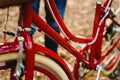 Old red vintage bicycle basket Royalty Free Stock Photo