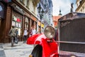 Old red vintage car in downtown of Prague Royalty Free Stock Photo