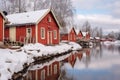 Old red wooden barns on the river bank, covered with snow in winter