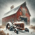 Old Red Wooden Rustic Barn Tractor Farm Machinery Equipment Vintage Rusted Abandoned Agriculture Barn AI Generated