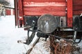 Old red wooden train car back side with metal buffer Royalty Free Stock Photo